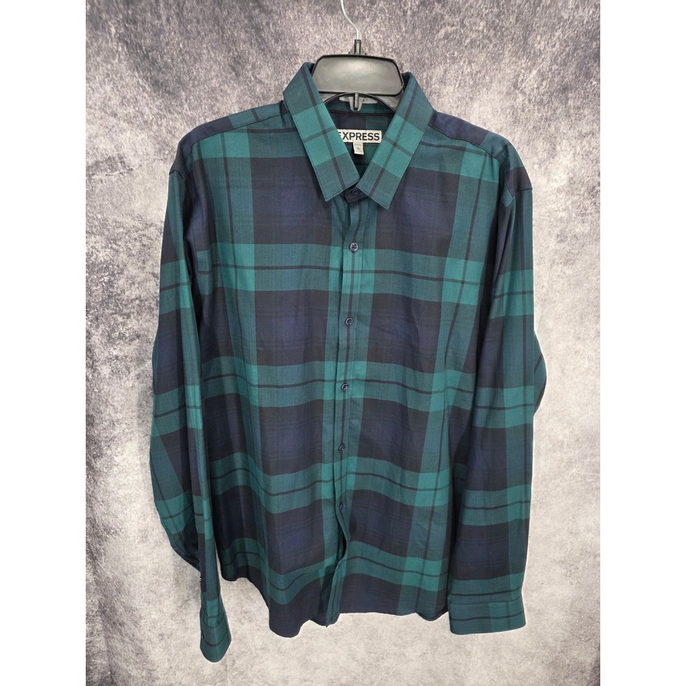 Express Shirt Mens XL Green Black Plaid Button Up Long Sleeve Preppy Cotton